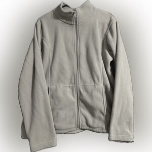 Gray fleece zip-up jacket with draw-string waist